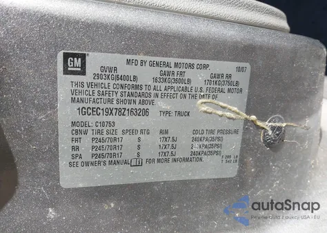 2008 Chevrolet Silverado 1500 Work Truck from USA, damaged, VIN 1GCEC19X78Z163206